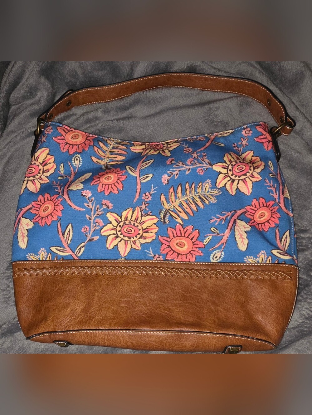 Simply Noelle Blue Floral Shoulder Bag with Brown Trim